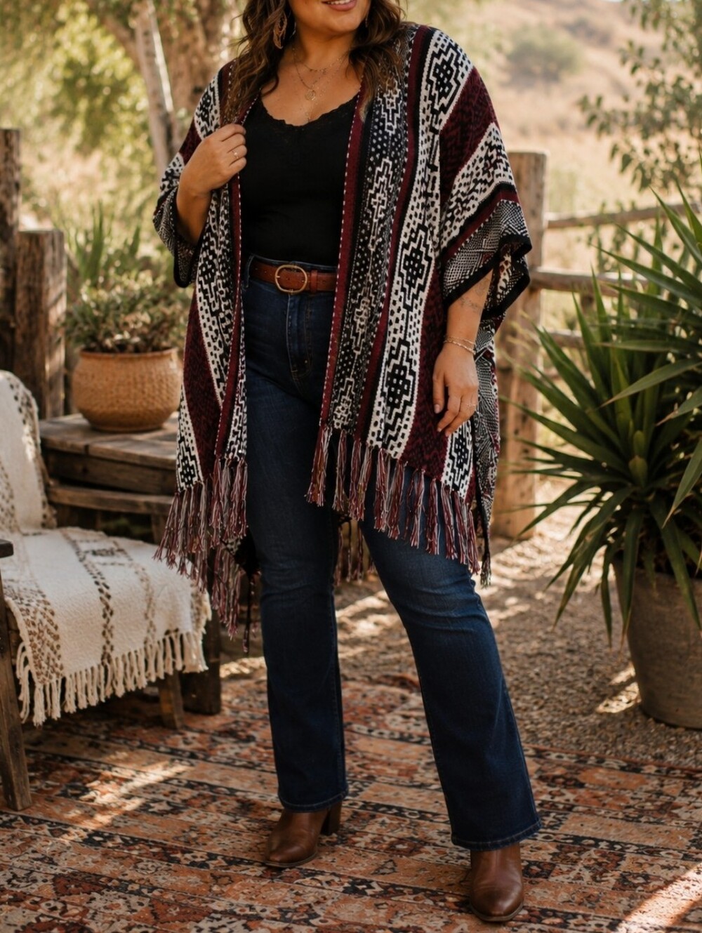 Natural Reflections Burgundy Aztec Open Front Knit Cardigan Fringe Boho Festival
